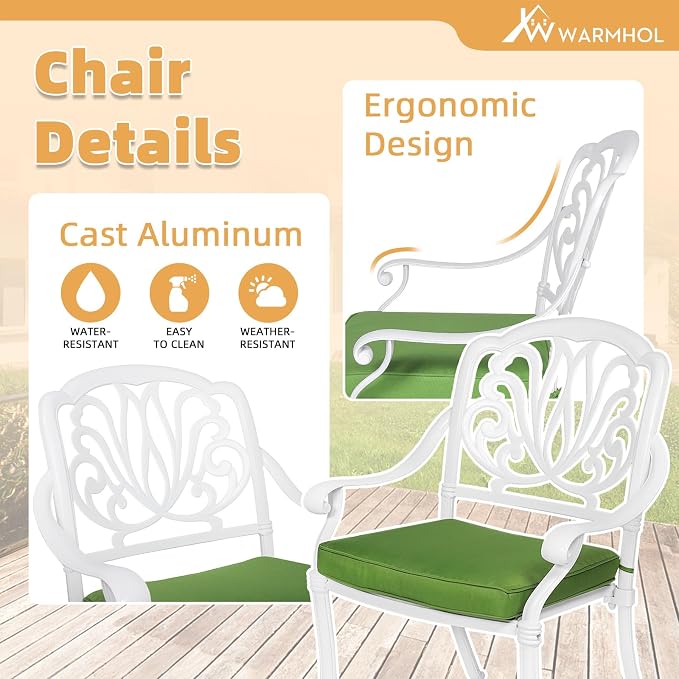 5-Piece Outdoor Patio Dining Set, All-Weather Cast Aluminum Patio Furniture Set for Backyard Garden Deck with 4 Chairs, 4 Cushions and 38.5” Round Table, 2.2" Umbrella Hole, White
