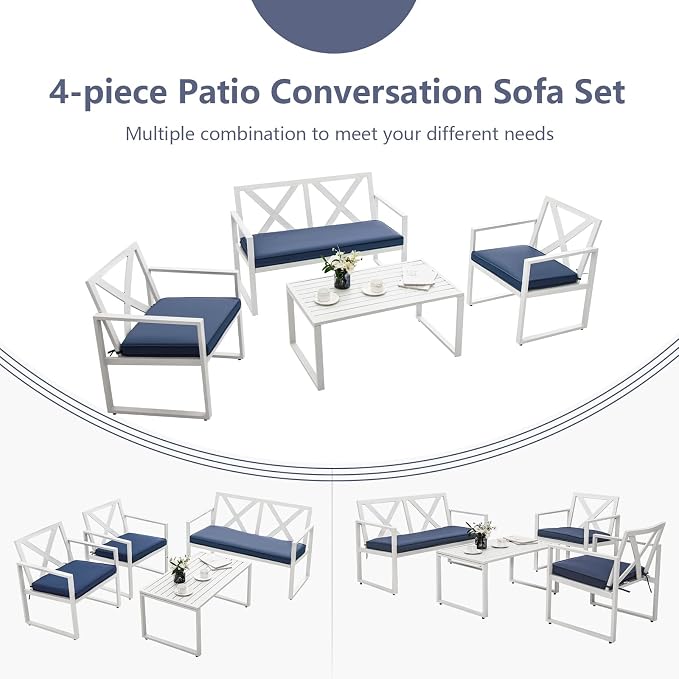 Tangkula 4 Pieces Outdoor Conversation Set, Patiojoy Heavy Duty Steel Frame Patio Chairs with Coffee Table Set, Soft Seat Cushions, for Garden, Backyard, Poolside, Balcony and Deck (Navy)