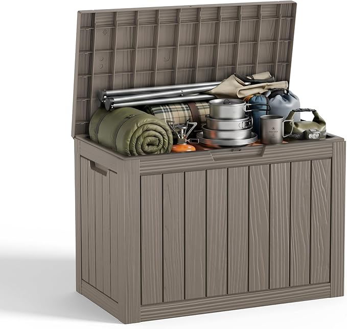 EasyUp 55 Gallon Deck Storage Boxes Outdoor Waterproof, Resin Lockable Small Deck Box, Outside Storage Bench for Patio Cushion Funiture, Pool Accessories, Garden Tools (Gray, 55 Gallon)