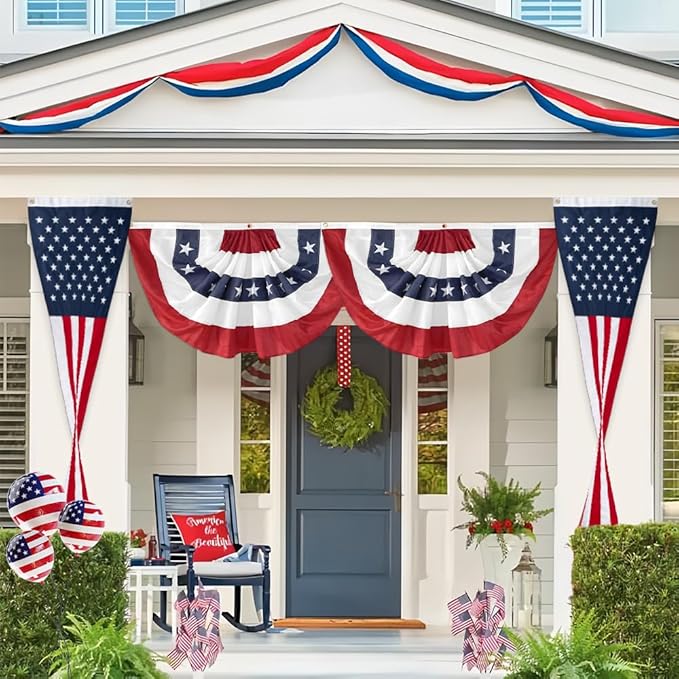 2Pack 65Inch Patriotic American Flags Door Bunting Banner Memorial Day Decoration Hanging Outside Porch Bunting Red White Blue Banner Outdoor Décor 4th of July USA Decor Pulldown for Veterans Labor Presidents Flag Election Day