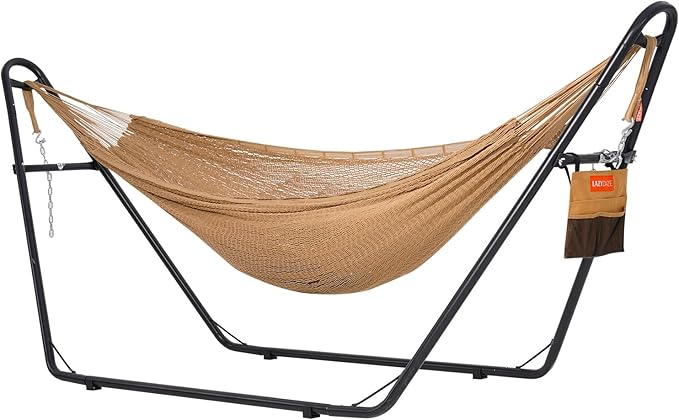 Lazy Daze Hammocks Handwoven Mayan Hammock with Heavy Duty Steel Stand, 10.5 FT Soft Rope Double Hammock for Patio Outside, 550 lbs Weight Capacity, Tan