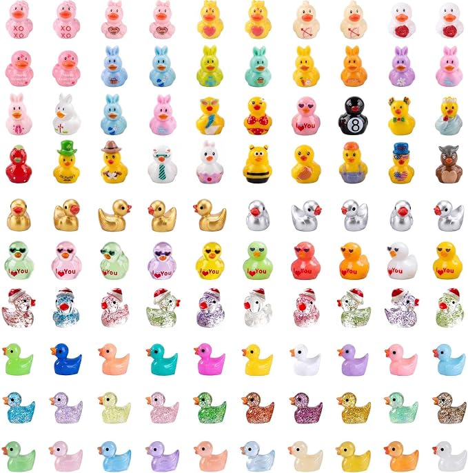 Assorted Mini Resin Duck Figurines 100 Pack, Mixed Styles & Colors Tiny Ducks to Hide, Little Ornaments, Miniature Animals for Fairy Garden, DIY Crafts, Micro Landscape & Desk Décor