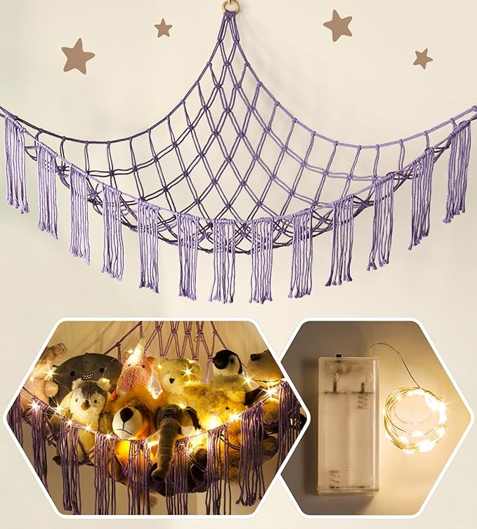 Stuffed Animal Hammock Corner with LED Light - Toy Storage Hammock Plushie Net Organizer - Teddy Bear Stuffy Hammock - Purple Nursery Decor Baby Kids Bedroom Nursery Furniture