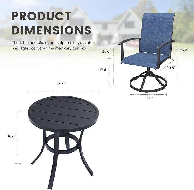 3 Pieces Small Patio Dining Set, Outdoor Furniture of 18.5" Round Patio Side Table & Patio Swivel Chairs for Backyard Lawn Garden, Black Table and Dark Blue Chairs