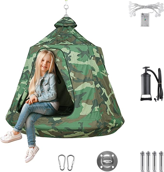 AthLike Hanging Tree Tent for Kid, Indoor Outdoor Hanging Tent, Waterproof Tree Ceiling Pod, Portable Hang Out Huggle Pod Play Tents w/Rainbow Lights String, Inflatable Base, 45" H x 44" W 330lbs