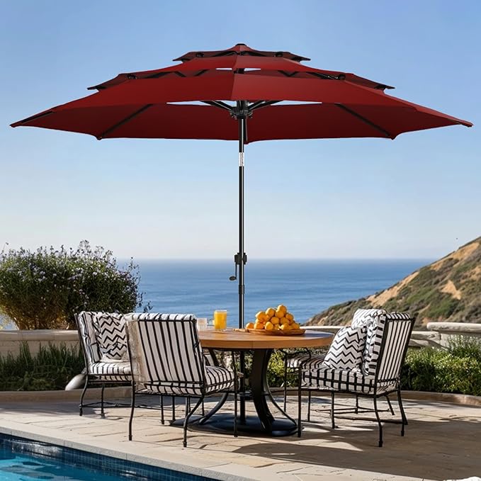 wikiwiki 10ft 3-Tier Patio Umbrella Outdoor Table Market Umbrella for Patio with Push Button Tilt/Crank, Fade Resistant Waterproof POLYESTER Canopy for Garden, Deck, Backyard & Pool, Burgundy Red