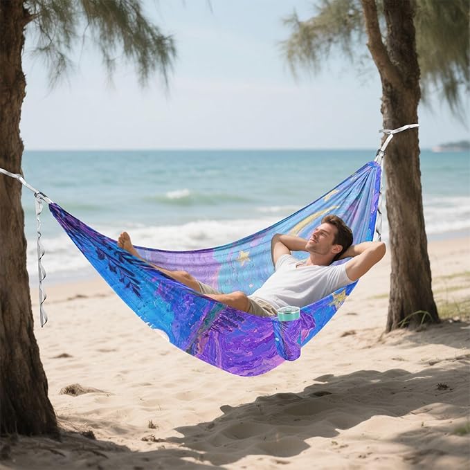 Blue-Purple Starry Sky Outdoor Hammocks with Tree Straps Swing Hammock for Outside Patio Backyard Poolside