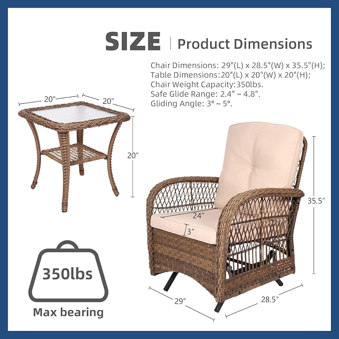 3-Piece Patio Wicker Conversation Bistro Set, All-Weather Gliding Rocking Chairs with Thickened Cushions and Glass Top Table, Outdoor Rattan Furniture Sets for Balcony Porch Garden