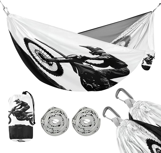 Motocross Racer Camping Hammock, Portable Lightweight Single Hammock with Tree Straps and Aluminum Carabiners, 114" x 54" Travel Hammock for Hiking Backpacking Beach