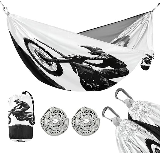 Motocross Racer Camping Hammock, Portable Lightweight Single Hammock with Tree Straps and Aluminum Carabiners, 114" x 54" Travel Hammock for Hiking Backpacking Beach