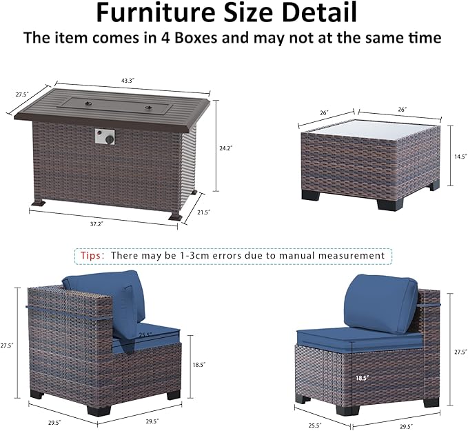Outdoor Patio Furniture Set with Fire Pit Table, 6 Pieces Outdoor Furniture Patio Sectional Sofa PE Rattan Conversation Sets w/43 Propane Gas Firepit & Coffee Table for Outside -Dark Blue.