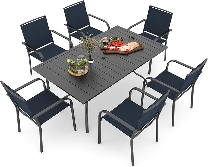 Anmutig 7-Piece Outdoor Patio Dining Set, 6 Stackable Patio Outoor Chairs & Rectangular Dining Table with All Weather Frame Furniture Set - Navy 63" x 38"
