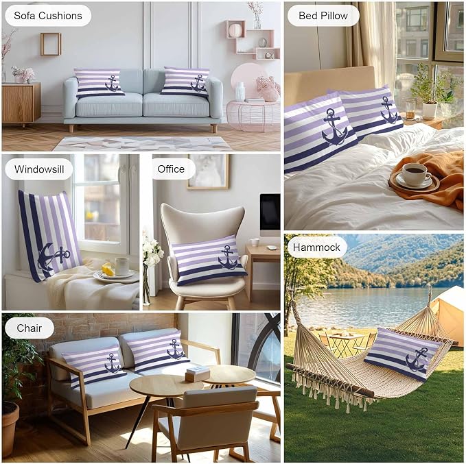Lumbar Pillow Covers 20x12 Inch Set of 2, Anchor Purple Waterproof Outdoor Cushion Covers, Modern Navy Blue White Striped Nautical Decorative Pillowcases for Couch, Sofa, Bed, Garden, Patio