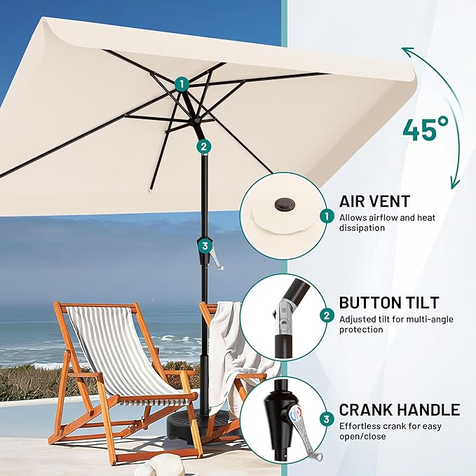 AreShark 6.5 x 10 FT Rectangular Valance Patio Umbrella, Outdoor Umbrella with Tilt and Crank, Market Table Umbrellas W/ 6 Ribs UV Protection for Garden, Deck, Backyard Pool, Cream White
