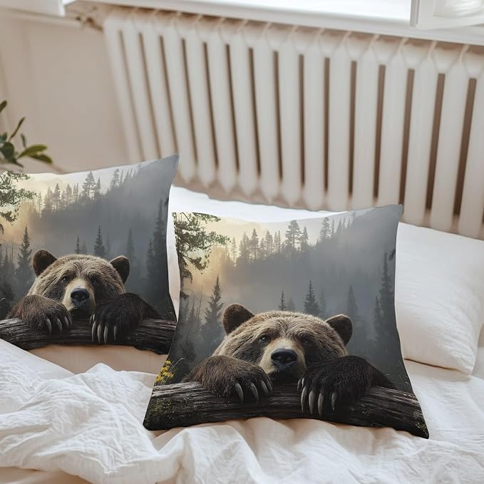 Bear Outdoor Pillow Covers 26"x26" Set of 2, Animal Wood Fence Forest Farmhouse Waterproof Throw Pillow Covers for Patio Furniture, Decorative Cushion Covers for Porch