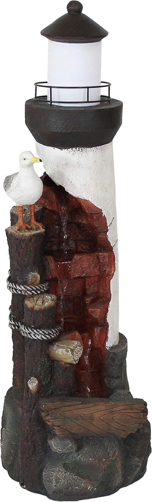 Sunnydaze 36-Inch Gull's Cove Outdoor Lighthouse Water Fountain with LED Light - Polyresin Decorative Water Feature