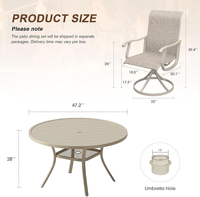 VICLLAX Patio 7 Pieces Outdoor Dining Set,Wrought Iron Metal Outdoor Table and Chairs Set,47.2" Round Table with Umbrella Hole and 6 Swivel Textilene Chairs for Lawn,Garden,Porch,Sandshell