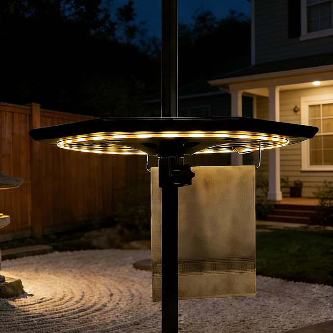 Patio Umbrella Table Tray with LED Light, 23” Outdoor Adjustable Portable Umbrella Table with Hole, All Weather PE Umbrella Tray for Beach, Poolside, Backyard, Garden, Classic Black
