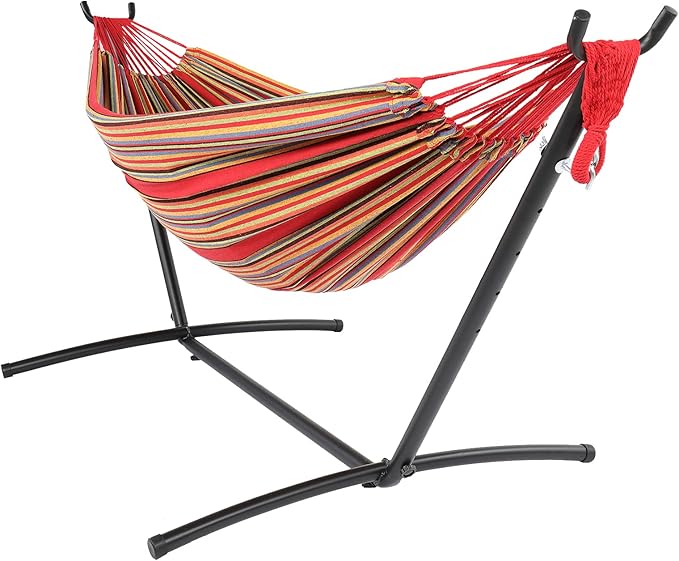 Cotton Hammock with Space Saving Steel Stand,9ft Black Steel Pipe Hammock Frame with 200 * 150cm Polyester Cotton Hammock Iron Hammock Set (Red Stripe B)