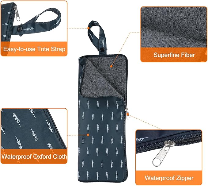 HARFINGTON 2pcs Wet Umbrellas Bag 4.9" x 13.4" Superfine Fiber Strong Water Absorption Umbrella Case Cover Portable Waterproof Case for Storage Travel Home Outdoor, Navy Blue