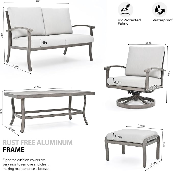 HAPPATIO 6 Piece Aluminum Patio Furniture Set, Outdoor Swivel Armchairs with Ottomans and Loveseat, All-Weather Outdoor Sectional Sofa with Comfortable Cushions and Coffee Table(Gray)