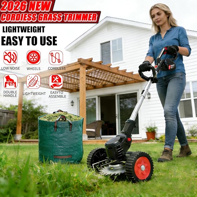 Electric Weed Wacker Cordless Eater, 21V String Trimmer Battery Powered with 2 Batteries, 3-in-1 Grass Trimmer/Lawn Edger/Brush Cutter with 4 Types Blades & Wheels, Weed Trimmer for Garden and Yard