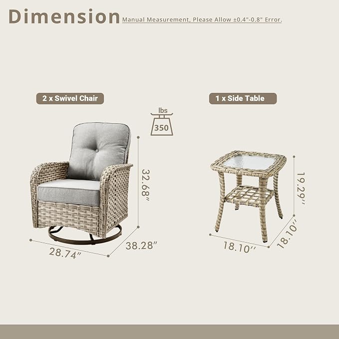 Swivel Patio Chairs Set of 2, Outdoor Wicker Rocker Glider Chair with Coffee Table, Modern Comfy Patio Furniture Sets for Porch Balcony Sunroom, Dark Gray