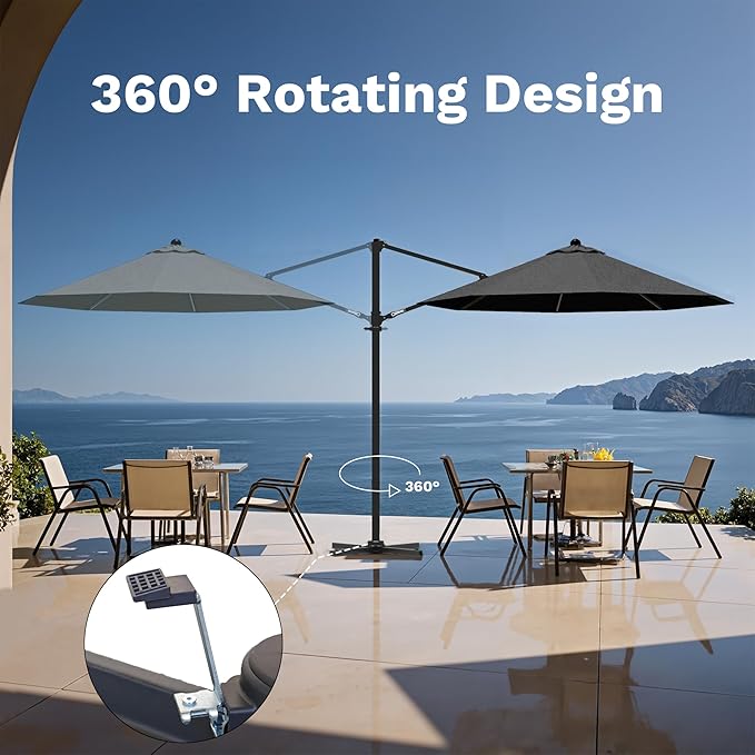 Devoko 10ft Cantilever Patio Umbrella, Round Large Outdoor Umbrella with 360-Degree Rotation, Hanging Offset Market Sun Umbrella, Easy Tilt and Heavy-Duty Frame, for Patio Backyard Garden, Gray