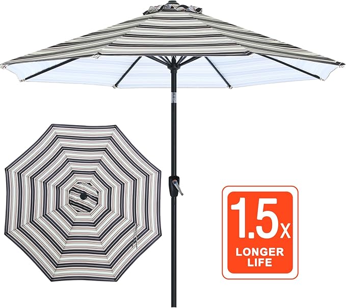 ABCCANOPY 9FT Outdoor Patio Umbrella, 8 Ribs Table Umbrella w/Crank for Easy Set Up, Suitable for Garden, Lawn, Deck & Backyard (Dark Blue Stripes)