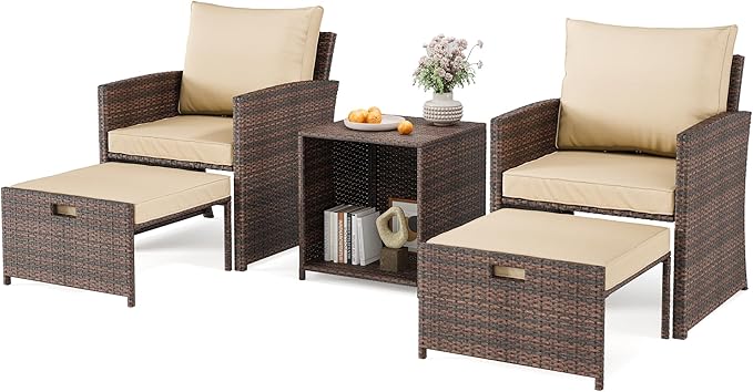 GAOMON Patio Furniture Set with Ottoman, 5 Pieces Outdoor Patio Conversation Set, Wicker Lounge Chairs with Soft Cushions & Storage Table, Outside Balcony Furniture for Porch Balcony Deck Poolside