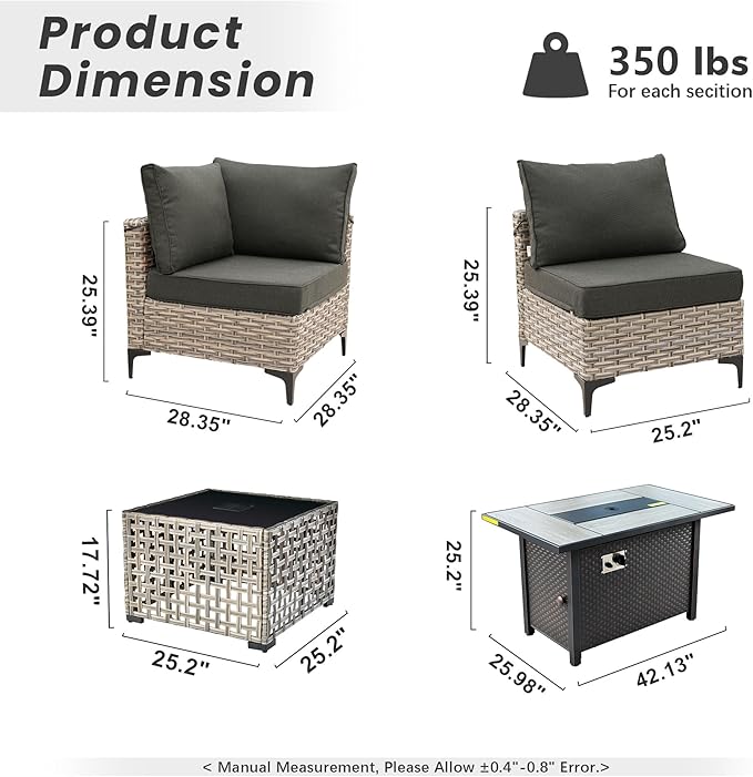 Outdoor Patio Furniture Sets,6 PCS Patio Conversation Set Outside Rattan Sectional Sofa with 42 in Fire Pit Table&Coffee Table Fit Backyard Porch Garden Poolside Balcony