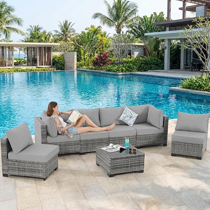 7 Pieces Outdoor Patio Furniture Set, All-Weather Sectional Sofa | Light Grey Wicker Conversation Set with Glass Table and Cushions | PE Rattan Weaving | Ideal for Patio, Pool, Balcony