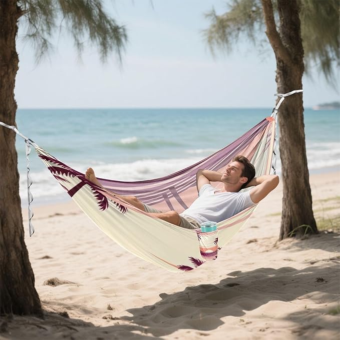 Sunset Palm Scene Outdoor Hammock with Tree Straps for Outside Patio Garden