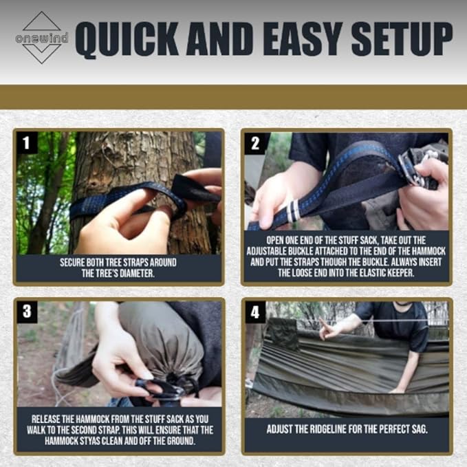 Onewind Camping Hammock, Ultralight Portable Hammock with Adjustable Ridgeline, Outdoor Hammock 20D Ripstop Nylon with 2 * 12Ft Tree Strap, Ideal for Camping, Hiking, Backpacking