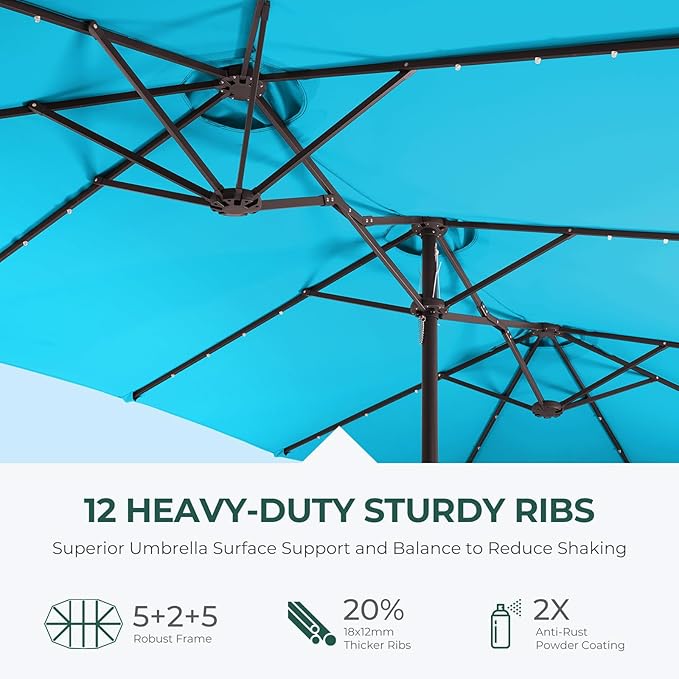 HOMSHADE Double Sided Patio Umbrellas - 15ft Solar Lights LED Lighted Outdoor Extra Large Market Table Umbrella with Base Included, Oversized Umbrella for Deck, Pool, Backyard