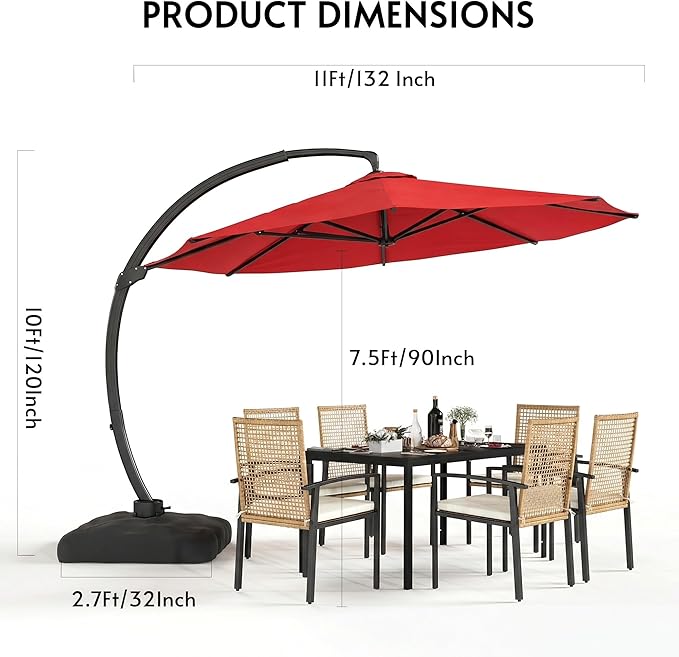 11FT Cantilever Patio Umbrella with Base Included, Large Cantilever umbrella with 360°Rotation, Heavy-Duty Offset Outdoor Umbrella for Patio,Pool,Garden and Backyard (Red)