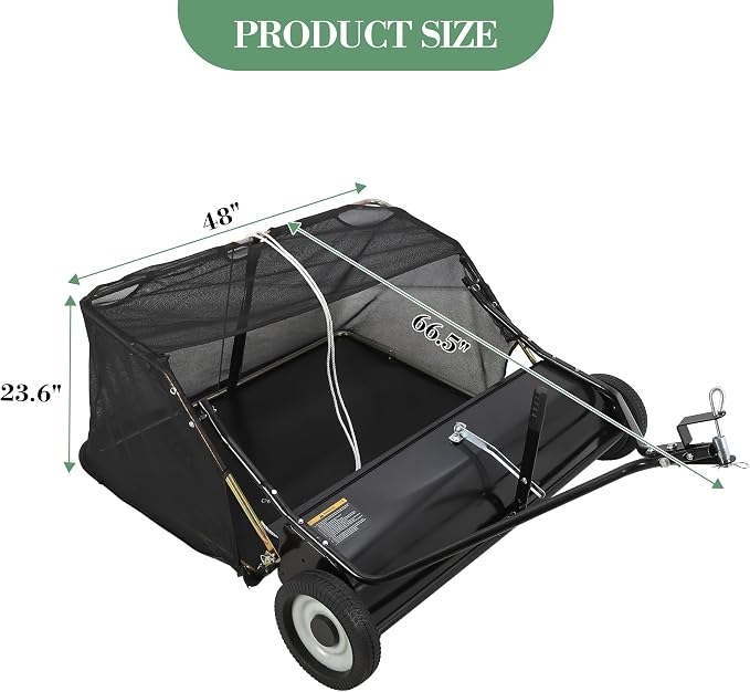 Tow Behind Lawn Sweeper, 48" Pull Behind Collector – Large Capacity Leaf & Grass Collector with Adjustable Height, Dumping Rope Design for Debris and Lawn Clippings