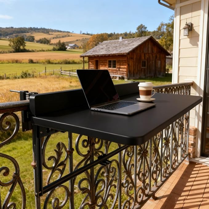 Outdoor Balcony Bar Table for Railings Aluminium Folding Balcony Shelf 5 Height Adjustable Wall-Mounted Side Table Saving Space 120 lbs Loading Serving Table for Patio Deck(Black,31.5x15.7in)