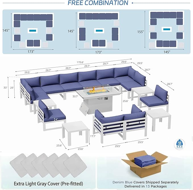 NICESOUL 17 Piece Extra Large Modern Aluminum Patio Furniture Set with Fire Pit, Modular Comfortable Outdoor Conversation Set with Side Table, 500 lbs Heavy Duty Sectional Sofa for Garden, Denim Blue