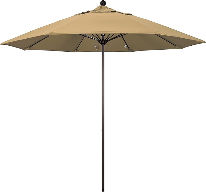 California Umbrella 9' Round Aluminum/Fiberglass Umbrella, Push Open, Bronze Pole, Olefin Champagne Fabric