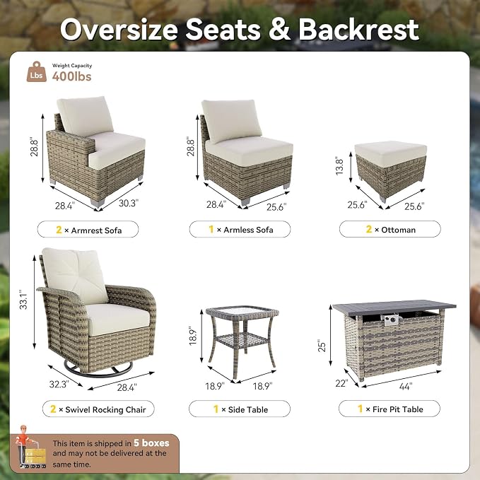 LET'S PATIO Luxury Patio Furniture Set with Fire Pit Table，9 Piece Outdoor Furniture Sectional Set with Swivel Rocker Chairs of 2，All-Weather Patio Sectional Sofas with Thickened Cushions, Beige