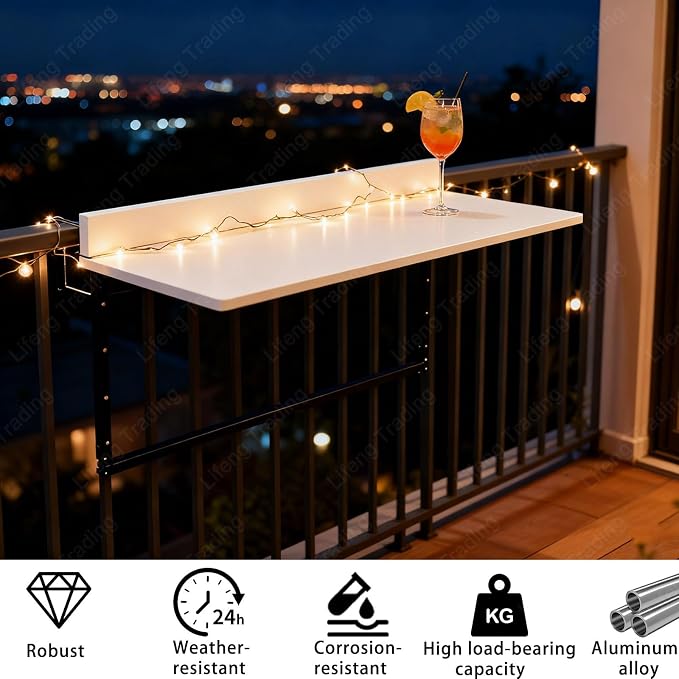 Outdoor Balcony Bar Table for Railings Aluminium Folding Balcony Shelf 5 Height Adjustable Wall-Mounted Side Table Saving Space 120 lbs Loading Serving Table for Patio Deck(White,31.5x15.7in)