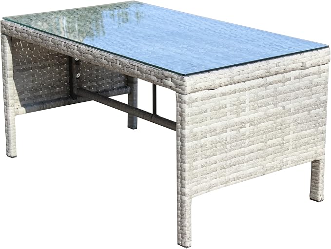 31.1" Outdoor Patio Side Table – Low Rectangle Coffee Table with Tempered Glass Top, Outdoor Wicker End Table for Backyard Deck Patio, 180 lbs Capacity, Grey