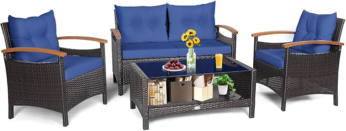 Tangkula 4 Piece Patio Rattan Conversation Set, Outdoor Wicker Sofa Set W/2-Layer Coffee Table, Backrest & Seat Cushions, Acacia Wood Curved Armrests, Suitable for Poolside, Backyard, Deck (1, Navy)