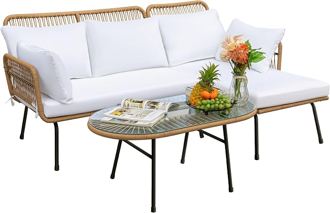 Devoko Outdoor Patio Furniture Set, Outdoor Sectional Conversation Rope Woven L-Shaped Sofa Set with Patio Table and Thick Cushions for Backyard Porch Balcony Garden, White
