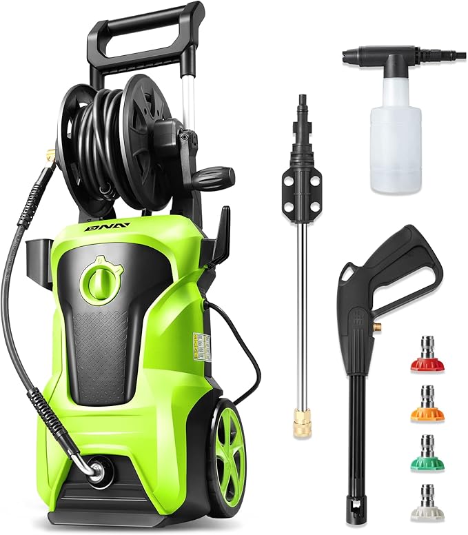 DNA Motoring TOOLS-00232 Up to 2176 PSI Pressure 2.4 GPM Max Flow Electric Pressure Washer for Yard and Car Cleaning with Spray Nozzle Foam Bottle + 4 Turbo Nozzles IPX5 Driveway Patio Deck(Green)