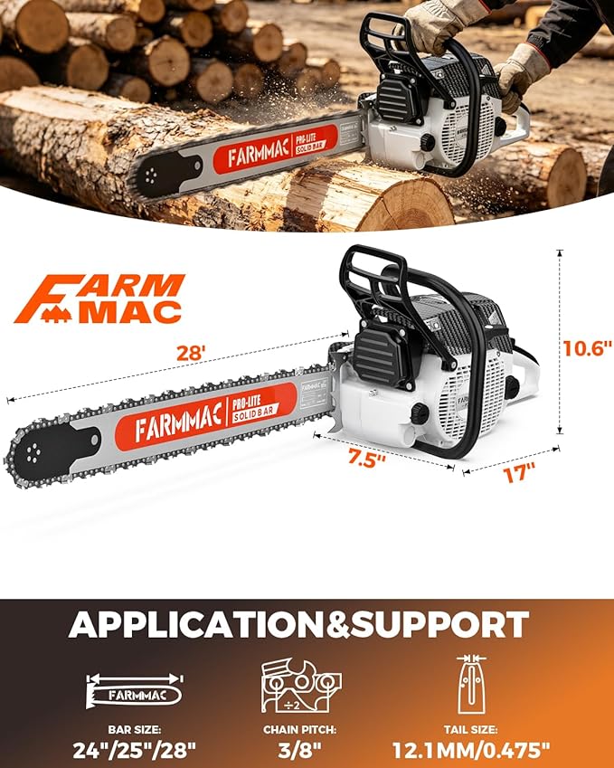 F380W Gas Chainsaw with 28 Inch Advance Bar, 72cc 2-Cycle Gasoline Power Chain Saws, 3.6KW 4.8HP for Professional Logging Work, Power Chain Saw All Parts Compatible with MS381 MS380 038