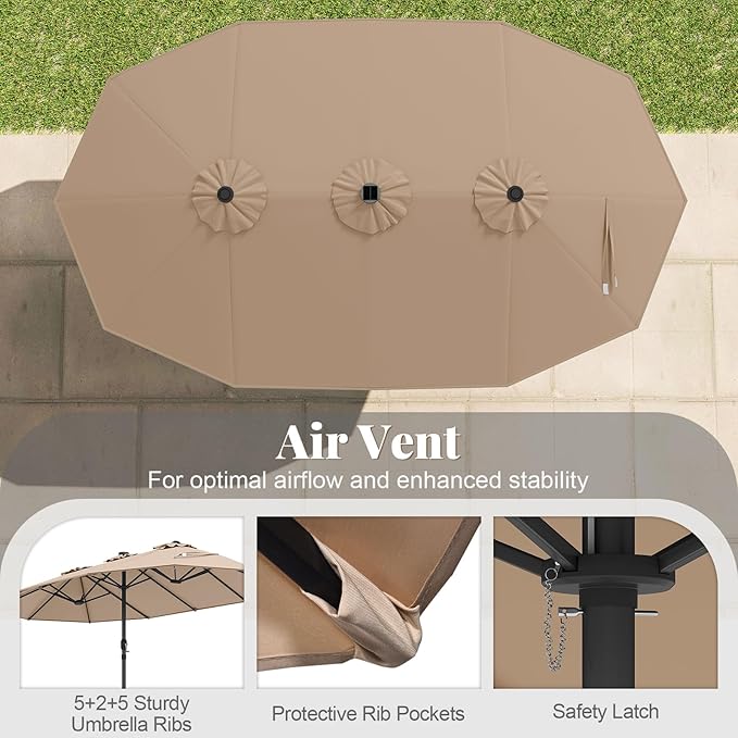 Tangkula 15FT Double-Sided Solar Patio Umbrella, Extra-Large Outdoor Twin Umbrella with 48 LED Lights, Vented Top, Crank Handle, 12 Ribs, Weighted Base Included for Backyard Poolside Deck (Tan)