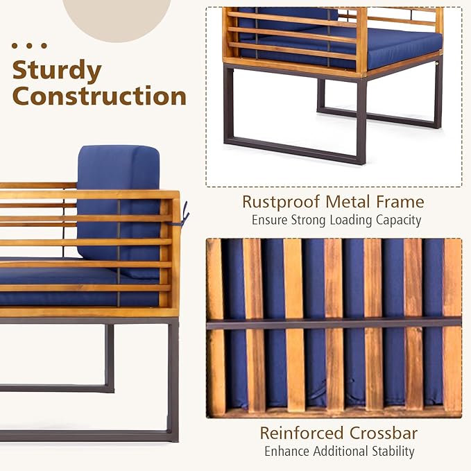 Tangkula 3 Pieces Acacia Wood Patio Bistro Set, Outdoor Conversation Set with Cushioned Armchairs and Square Coffee Table, Patio Furniture Set for Porch, Deck, Balcony