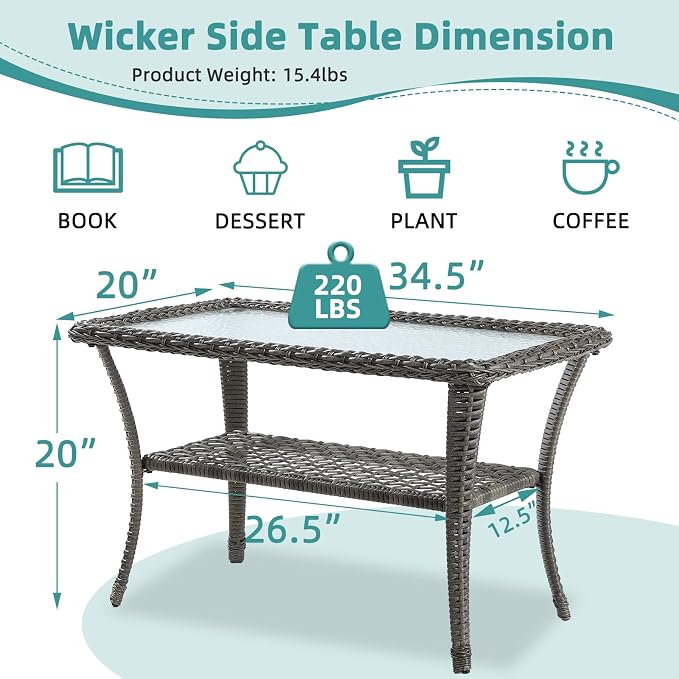 MEETWARM Wicker Patio Coffee Table, 34.5" Rectangle Outdoor Coffee Table with Tempered Glass Top and 2-Tier Storage Shelf, All-Weather Rattan Patio Side Table for Outside Poolside Deck Garden, Gray